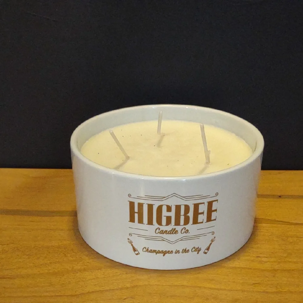 New Higbee Candle Co White 3 Wick Champagne Scented Soy Wax/Essential Oil Candle